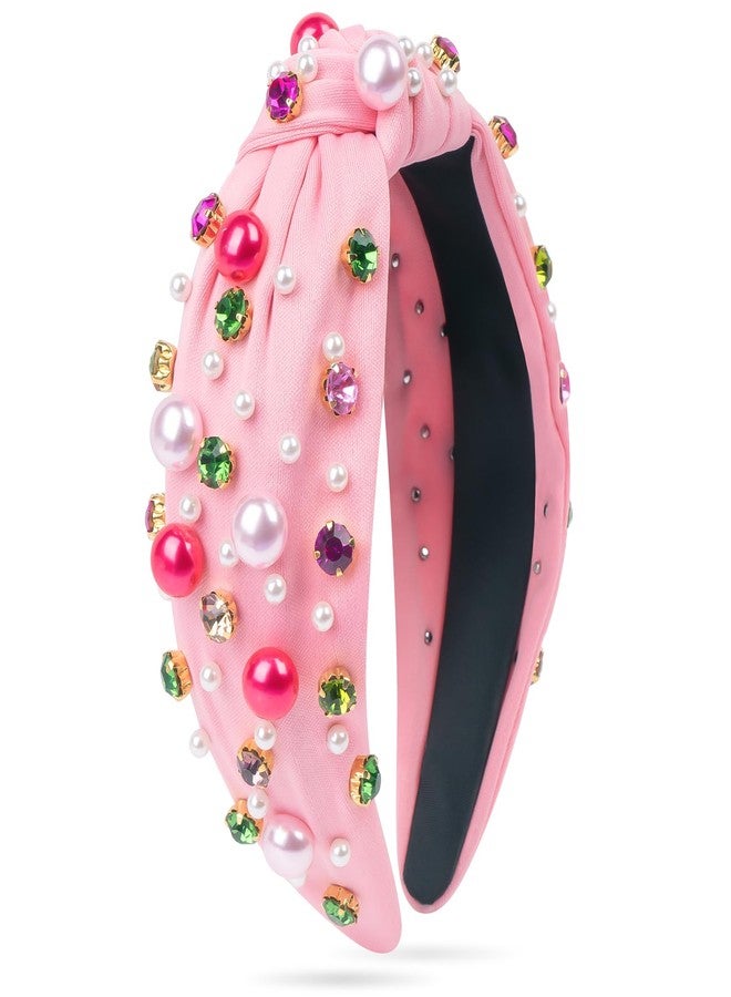 BLAAROOM Valentines Day Headband for Women Pink Knotted Headbands with Pearl Rhinestone Jeweled Hairband Fashion Valentine Holiday Wide Head Band Hair Accessories Gifts for Girls Teen - Pink - Image 1